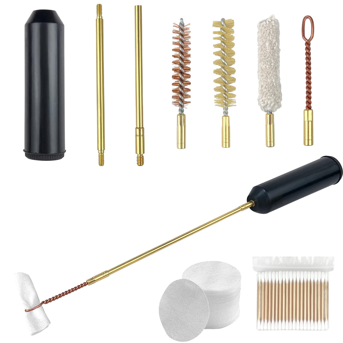 700 PCS Gun Cleaning Supplies Including 300PCS 2" Round Patches 400 PCS Double-End Cotton Swabs and 9mm Gun Brush with Brass Thread for Rifle Pistol Handgun Shotgun Cleaning Kits for Most Firearms