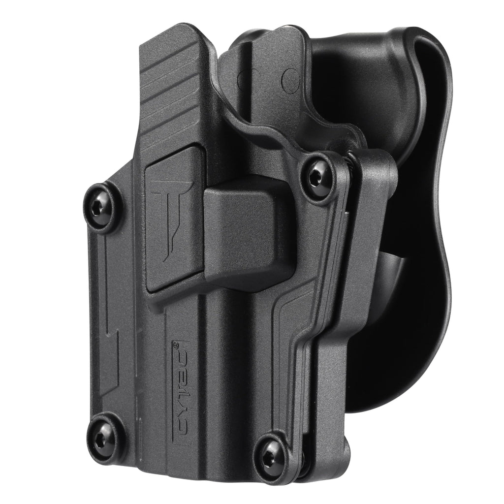 Mega-fit Holster with Paddle Fits Most Popular Full Size and Compact Pistols Fits Pistols with Red Dot Fits Pistols with High Front Sight Right Handed Only (Index Finger Release Left)