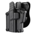 Mega-fit Holster with Paddle Fits Most Popular Full Size and Compact Pistols Fits Pistols with Red Dot Fits Pistols with High Front Sight Right Handed Only (Index Finger Release Left)